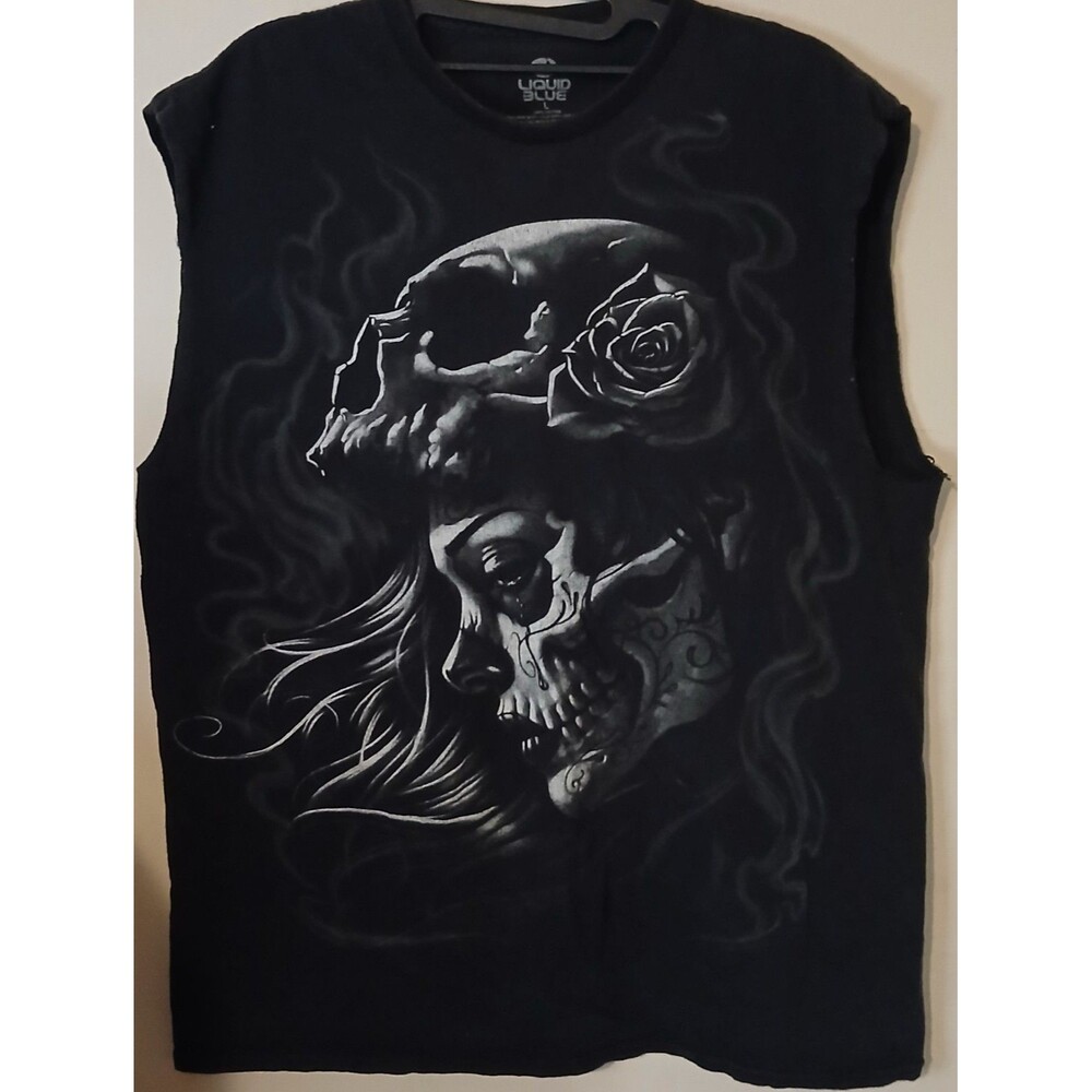 Liquid Blue Dia De Los Muertos Shirt Men Large Sleeveless Sugar Skull Goth Black